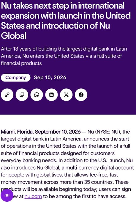 A news article screenshot with the headline 'Nu takes next step in international expansion with launch in the United States and introduction of Nu Global,' dated Sep 10, 2026, announcing the digital bank's entry into the U.S. market.