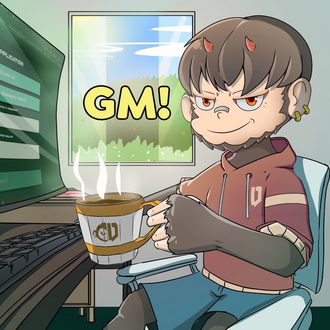 A cartoon illustration of a furry monkey-like character with red horns, wearing a hoodie and a bandage, sitting at a desk with a coffee mug that has steam rising from it. A window behind them shows a green landscape with the text 'GM!' in yellow letters.