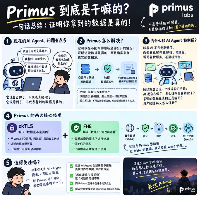 The image is a Chinese infographic explaining what Primus Labs does, with the core message "证明你拿到的数据是真的" (proving the data you receive is real). It details how Primus uses zkTLS and FHE technologies to verify data authenticity from sources like exchanges and websites while preserving privacy, particularly highlighting AI x Crypto applications like @primus_labs.