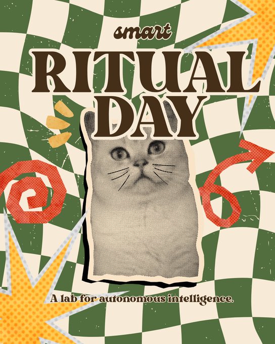 A retro-style poster reading "smart RITUAL DAY - A lab for autonomous intelligence" featuring a halftone cat illustration against a green checkered background with sun motifs.