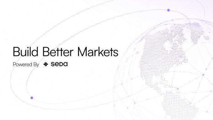 A minimalist white graphic with the text 'Build Better Markets' and 'Powered By seda' next to a dotted purple globe design with orbital lines.
