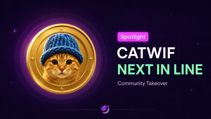 A promotional graphic featuring an orange cat wearing a blue beanie on a gold coin, with text reading "Spotlight CATWIF NEXT IN LINE Community Takeover."