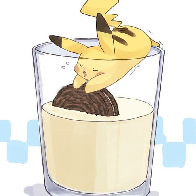 A cute cartoon illustration of Pikachu diving headfirst into a glass of milk, appearing to dunk a chocolate cookie inside.