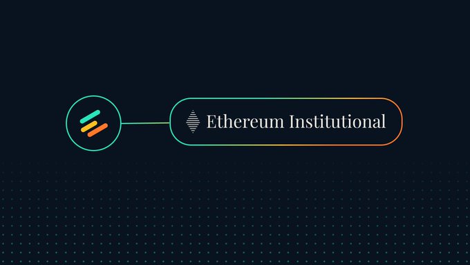 The image shows a branded banner on a dark navy background featuring a circular logo with three angled bars in green and orange, connected by a line to a rounded rectangular badge that reads "Ethereum Institutional" alongside the Ethereum diamond symbol. This graphic visually represents the Ethereum Institutional initiative mentioned in the post, illustrating Euler's role in helping bring institutions onchain.