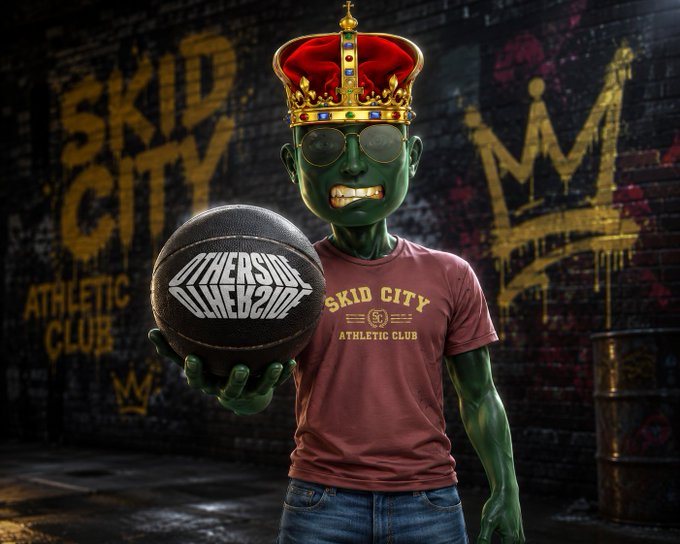3D cartoon character with green skin, gold crown, and sunglasses holding a black basketball labeled 'Adversity Overcome,' wearing a maroon 'Skid City Athletic Club' t-shirt against a graffiti wall reading 'SKID CITY'.
