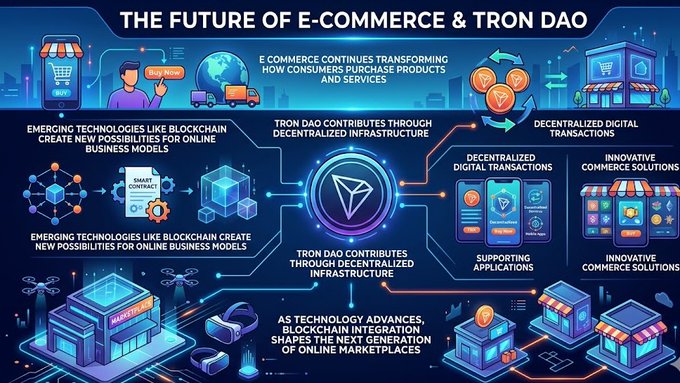The image features a vibrant graphic poster illustrating the evolution of e commerce, focusing on the use of cryptocurrency like the TRON DAO. The poster showcases various technological advancements and their impact on commerce, including the rise of blockchain technology as a new era for online transactions and services. One key element highlighted in the design is the TRON DAO, which has revolutionized the way consumers can purchase products and services by enabling peer-to-peer transactions directly through digital networks. The use of such innovative platforms to conduct commerce helps drive economic growth and creates new opportunities for businesses across a variety of industries.