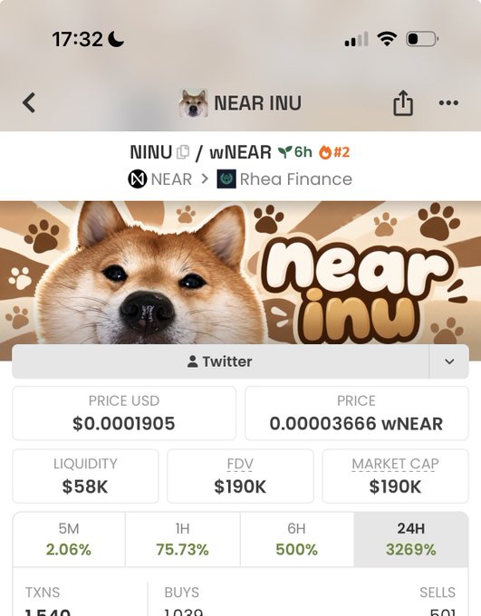 A mobile screenshot shows cryptocurrency data for 'NEAR INU' with a Shiba Inu logo, displaying a price of $0.0001905 and various market metrics.