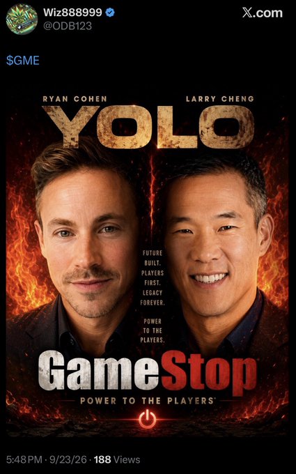 A promotional image for GameStop ($GME) featuring a movie poster-style graphic with Ryan Cohen and Larry Cheng under the title 'YOLO' and tagline 'Power to the Players,' shared by user @ODB123 on X.com.
