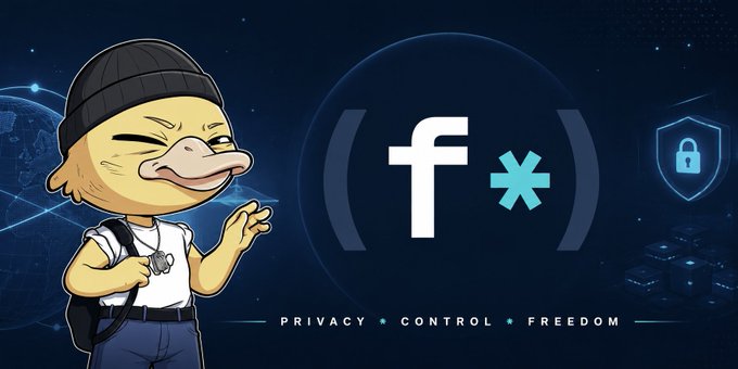 A cartoon illustration of a character with a smug expression wearing a black beanie and backpack stands next to a logo displaying 'f *' inside parentheses, with a shield and padlock icon, and text reading 'PRIVACY • CONTROL • FREEDOM'.
