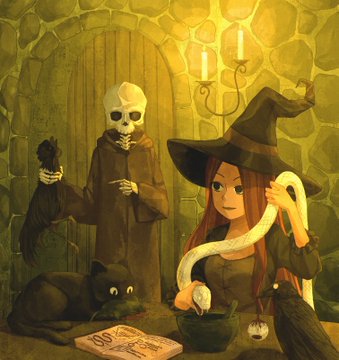 An illustration of a witch with long red hair and a pointed hat working at a stone table with a book, mortar, and pestle, accompanied by a skeleton, a black cat, and a black raven in a candle-lit room.
