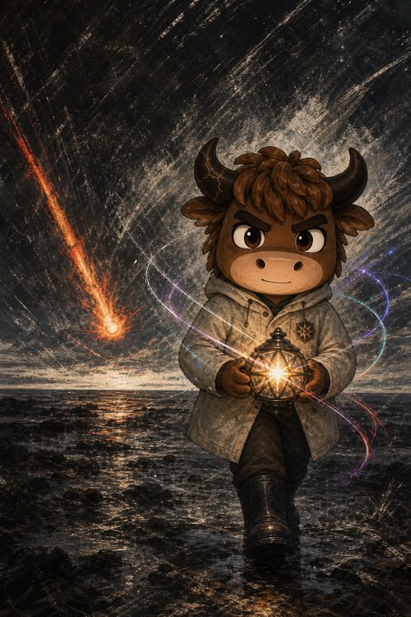 A digital illustration of a chibi-style bull character wearing a hoodie and holding a glowing orb, set against a dramatic meteor-strewn dark landscape.