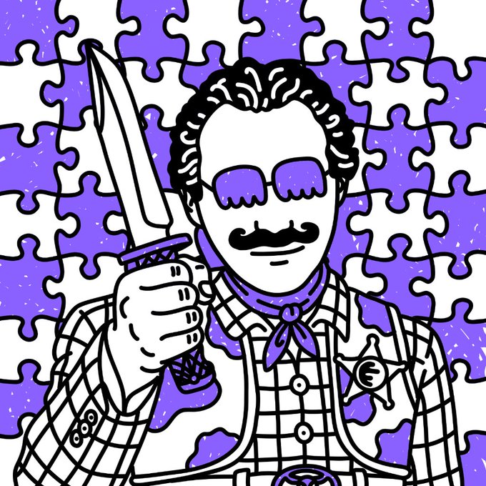 A stylized black and white illustration with purple accents depicts a mustachioed man wearing sunglasses and a sheriff's badge, holding a knife against a puzzle-piece patterned background.