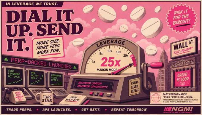A vibrant pink retro-style advertisement reading 'IN LEVERAGE WE TRUST. DIAL IT UP. SEND IT.' featuring a gauge dial at '25x MARGIN MODE', a 'WALL ST. EXIT LIQUIDITY' sign, and NGMI branding with phrases like 'RISK IT FOR THE BISCUIT!' and 'GET REKT.'