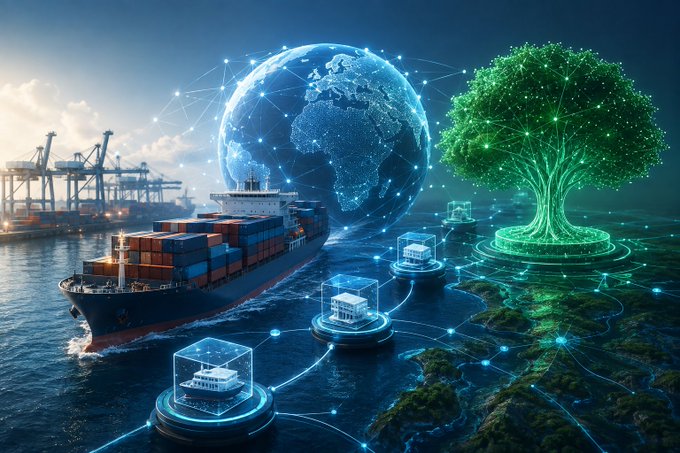 A futuristic digital artwork depicting a large cargo ship and port alongside a glowing digital globe, network nodes, and a holographic green tree symbolizing global connectivity.