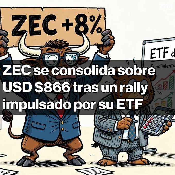 A financial cartoon showing a bull in a suit holding a 'ZEC +8%' sign alongside a bear in a pinstripe suit with a calculator, overlaid with the Spanish text 'ZEC se consolida sobre USD $866 tras un rally impulsado por su ETF.'