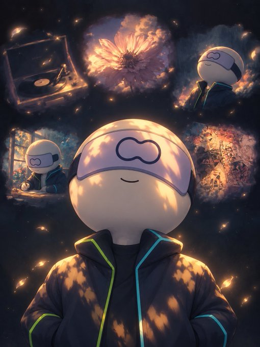 An illustration featuring a character wearing a VR headset and jacket, with four floating memory-like images around them showing a vinyl record, a glowing flower, and other scenes.