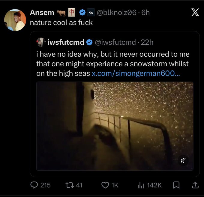 The image shows a tweet from Ansem (@blknoiz06) replying to @iwsfutcmd with "nature cool as fuck," quoting a post expressing surprise that snowstorms can occur on the high seas, accompanied by footage of a ship deck being battered by snow. The viral image contrasts the awe-inspiring power of nature with the disappointing 70% drop from ATH in the founder's token.