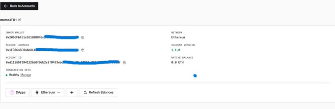 A MetaMask wallet interface displaying an Ethereum account with a balance of 5.1.0 ETH and a native balance of 0 ETH, with account details partially redacted.