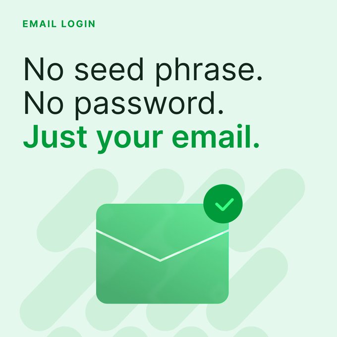The image displays "EMAIL LOGIN" and highlights a simplified signup process: "No seed phrase. No password. Just your email." This visually emphasizes the ease of account creation as described in the accompanying post.