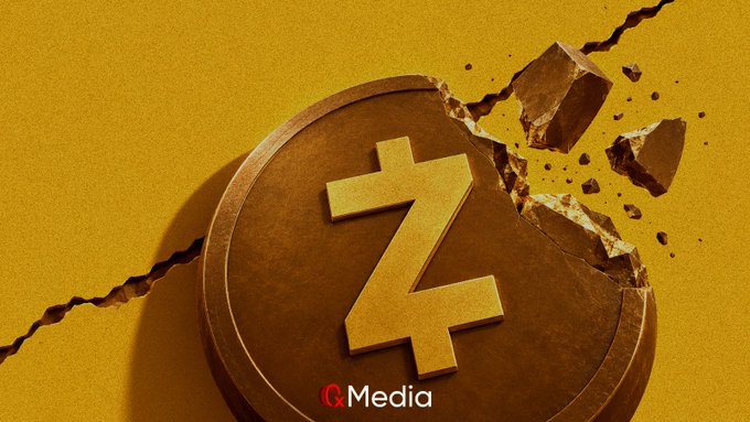A 3D illustration of a cracked golden Zcash (ZEC) cryptocurrency coin on a yellow background, branded with "AM Media".