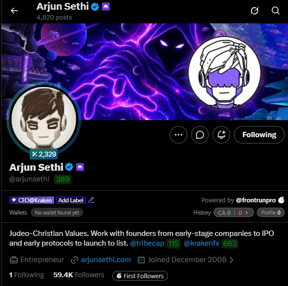 A Twitter/X profile for Arjun Sethi (@arjunsethi), CEO of Kraken, with bio mentioning Judeo-Christian Values and working with founders from early-stage companies to IPO, showing 59.4K followers.