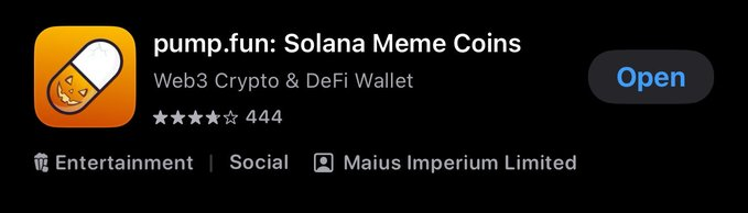 App Store listing for "pump.fun: Solana Meme Coins" (Web3 Crypto & DeFi Wallet), developed by Maius Imperium Limited, rated 2.5 stars from 444 reviews in the Entertainment and Social categories. The image supports the post's mention of pump.fun as the platform being used to trade the suggested $Pumpkin token paired with $PUMP.