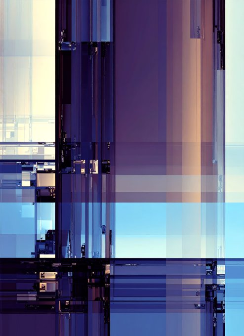 An abstract geometric composition featuring overlapping vertical bands and rectangles in shades of blue, purple, peach, and cream.