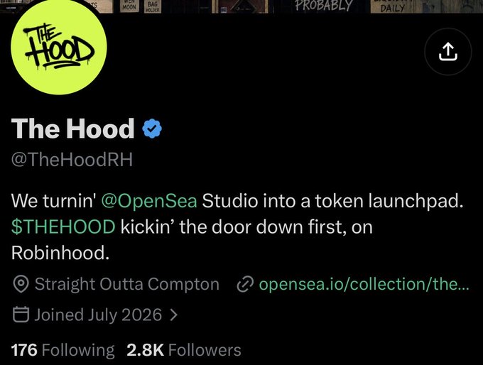 The image shows the Twitter/X profile of "The Hood" (@TheHoodRH), a verified account with 2.8K followers, announcing that they turned OpenSea Studio into a token launchpad with $THEHOOD being the first token launched on Robinhood. The accompanying post criticizes OpenSea for still following the project despite multiple mentions, suggesting this affiliation served as implicit endorsement that misled traders into thinking the token was safe.