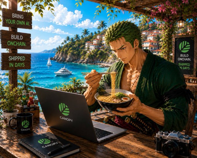 An anime-style illustration of a green-haired, scar-faced character eating noodles from a bowl at a wooden desk with a laptop, mug, camera, and notebook all branded 'CANOPY', alongside signs reading 'BRING YOUR OWN AI.', 'BUILD ONCHAIN.', and 'SHIPPED IN DAYS.'