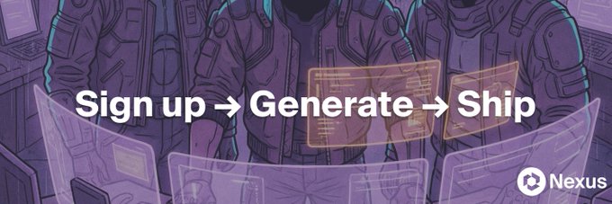 A promotional graphic for Nexus with the text 'Sign up → Generate → Ship' over an illustration of people in purple tactical gear working with holographic screens.