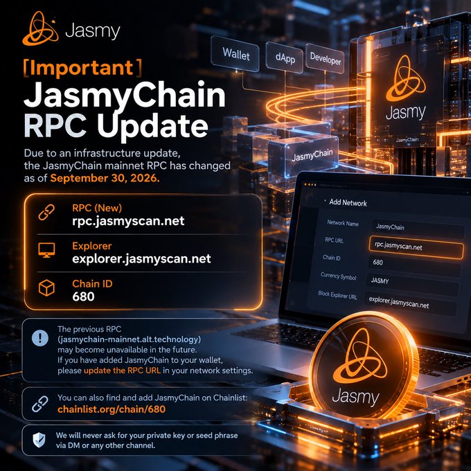 An infographic titled '[Important] JasmyChain RPC Update' detailing a network change to rpc.jasmyscan.net, with a Chain ID of 680, effective September 30, 2026.