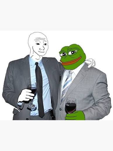 A meme image showing a man in a suit with a drawn-on face standing next to a Pepe the Frog character, both wearing suits and holding wine glasses.