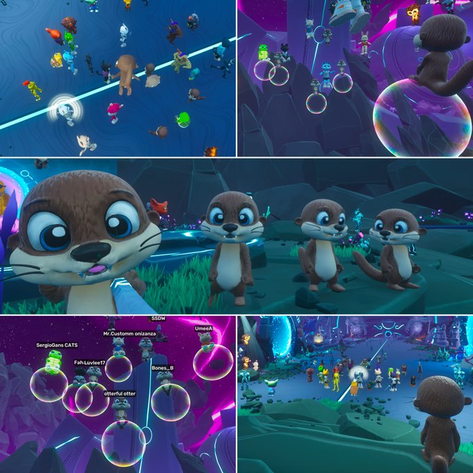 A collage of screenshots from a 3D multiplayer video game featuring various cartoonish animal characters, some floating in bubbles, in a colorful, nighttime environment.