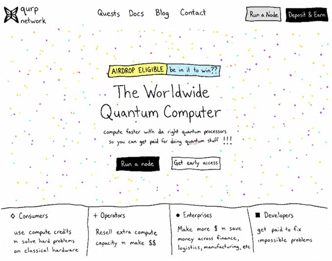 A hand-drawn style website mockup for 'qurp network' advertising 'The Worldwide Quantum Computer' as 'AIRDROP ELIGIBLE', featuring handwritten text and colorful polka dots.