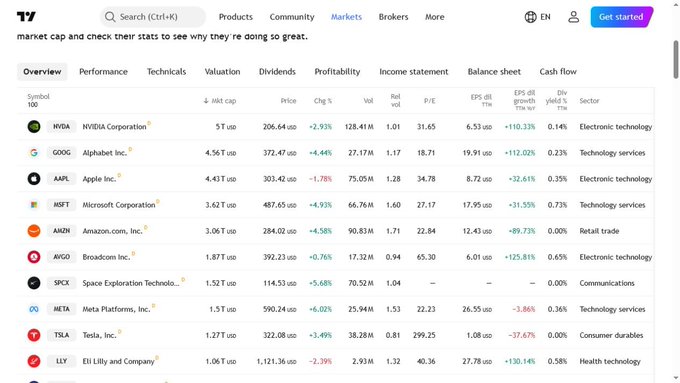 A financial markets overview screenshot showing top publicly traded companies including NVDA, GOOG, AAPL, MSFT, AMZN, AVGO, SPCX, META, TSLA, and LLY with their market caps, prices, and performance metrics.