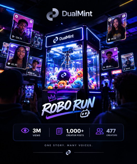 A promotional graphic for 'DualMint' featuring 'ROBO RUN' with a glowing claw machine filled with colorful plush toys, surrounded by social media creator cards showing 3M views, 1,000+ creator posts, and 477 creators.