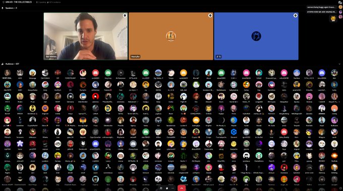 A screenshot of a Discord or similar group call with one visible participant (Ben Willens) and two placeholder avatars, with numerous circular user/community icons displayed below.