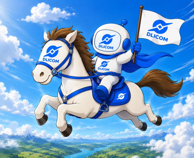 The image features a cartoon character dressed as a robot riding a white horse with blue accents against a backdrop of a blue sky dotted with clouds. The character appears to be wearing a helmet, which has "Dlicom" written on it. The scene is set in an open field or landscape, and the text above the image reads: "Most apps serve only one need. @DlicomApp brings together communication, community and digital ownership. Connect easily Chat securely Manage assets easily Same ecosystem, better experience. More users are getting to know Dlicom today."
