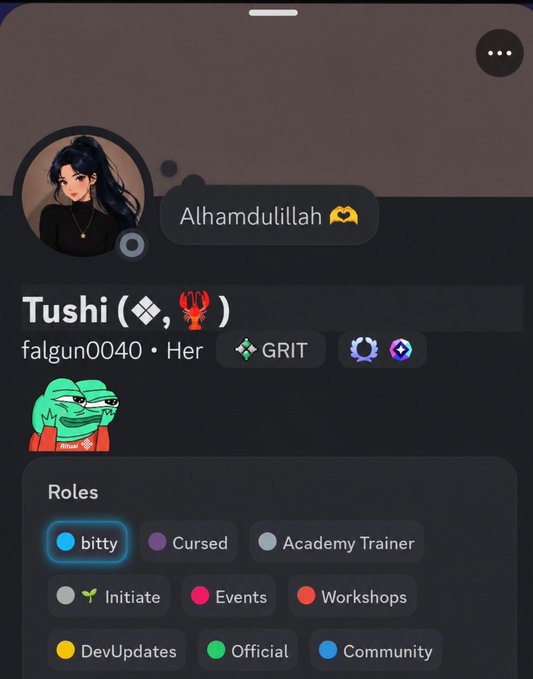 A Discord profile screenshot for a user named "Tushi (💎,🦞)" with status "Alhamdulillah" and various role tags including "Cursed", "Academy Trainer", and "Official".