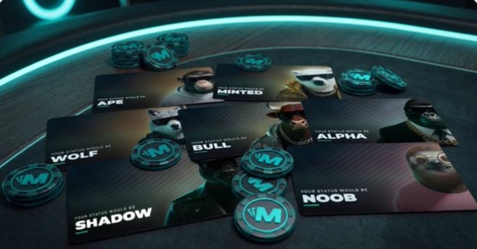A promotional image showing a tabletop arrangement of gaming cards featuring character portraits with status titles like 'APE', 'MINTED', 'WOLF', 'BULL', 'ALPHA', 'SHADOW', and 'NOOB', alongside branded 'M' tokens/coins.