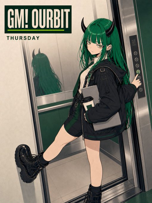 An anime-style illustration of a green-haired girl with horns wearing a black jacket and holding a laptop in an elevator, labeled 'GM! OURBIT THURSDAY'.