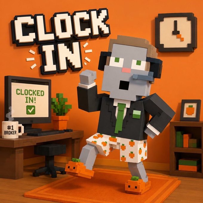 A pixelated 3D-rendered character in a suit and pumpkin slippers poses with a fist raised beneath 'CLOCK IN' text, standing in an office with a 'CLOCKED IN!' monitor and a '#1 BROKER' mug.