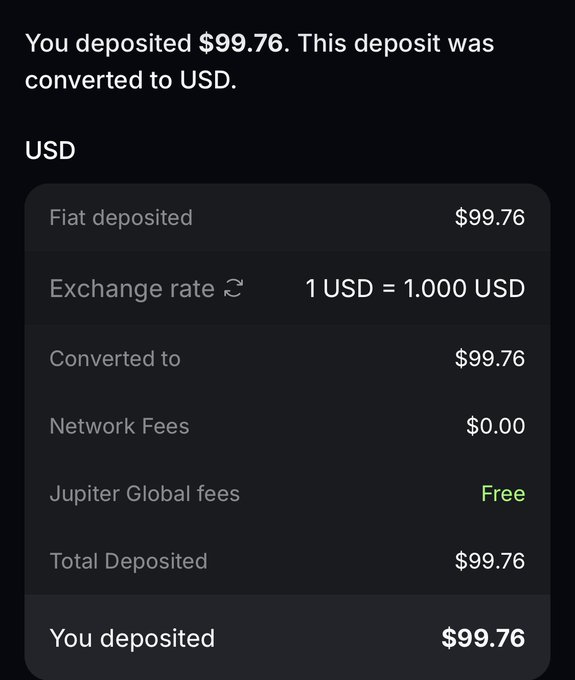 The image shows a screenshot of a transaction between a Saudi bank account and a US account, specifically linked to a Jupiter digital currency card. The transfer has successfully arrived in the US account and the amount transferred was $99.76. This successful transfer could mean that the user needs not pay any additional fees for this conversion.
