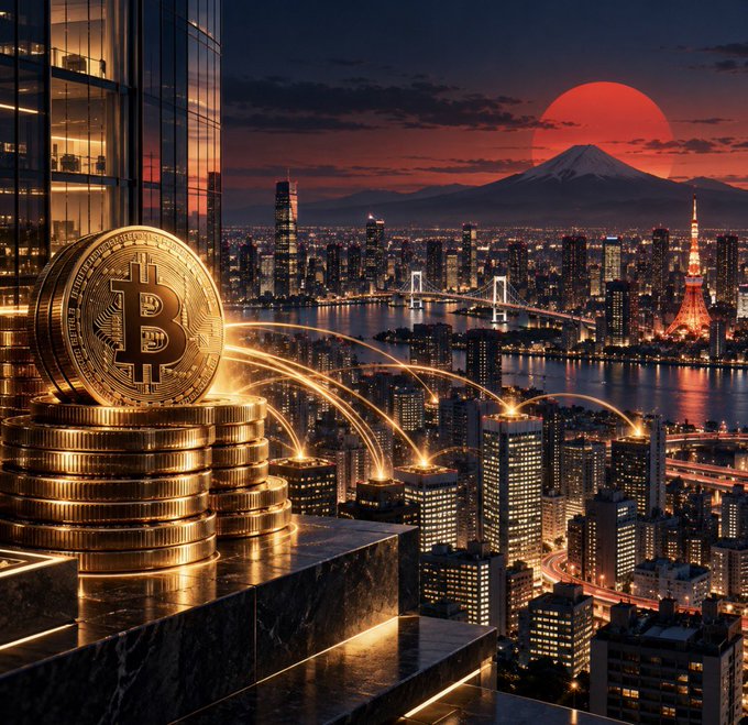 A gleaming gold Bitcoin coin rests on a stack of coins overlooking a vibrant Tokyo skyline at dusk, with Mt. Fuji and Tokyo Tower silhouetted against a dramatic red moon. The image symbolizes Metaplanet's expanding 44,000 BTC holdings and its ambitious pivot into preferred securities, capturing both Japan's financial prominence and the growing scale of corporate Bitcoin accumulation.