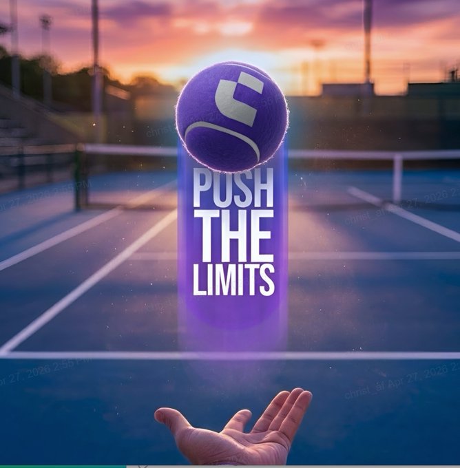 A tennis-themed promotional image featuring a purple tennis ball with a face design and a beam illuminating the phrase 'PUSH THE LIMITS' rising from an outstretched hand against a sunset tennis court background.