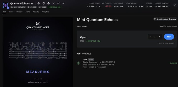 A screenshot of the 'Quantum Echoes' NFT minting page on a marketplace, showing a 'MEASURING' collection graphic, an open mint status, a free mint price, and an Ethereum price of -73.5%.