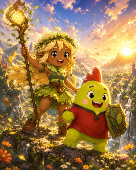 urn of fire and a green dragon with wings spread, accompanied by a girl in a green dress holding a staff and a boy in a red shirt standing on rocks against a sunset sky.