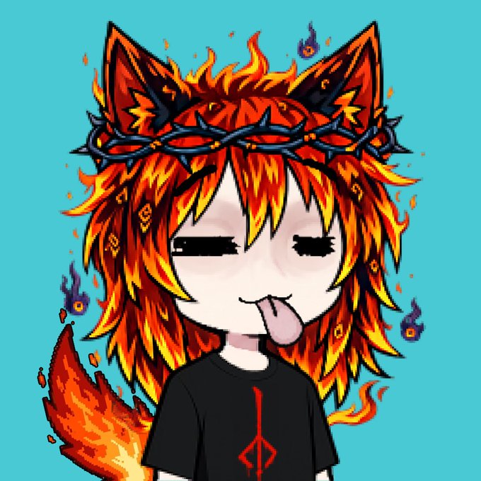 The image features a cartoon character with long, red hair wearing a black shirt that has a skull design on it. The character's tongue is sticking out, and they are making a funny face for the camera. In the background, there is a fire element, which adds to the overall visual appeal of the image. The caption below the image reads: "Yesterday I had 4 sheep and 1 wolf. I harvested and claimed my $uru and used it to mint 26 more sheep and 4 more wolves!!!!! Same initial ETH investment. Great tek :p @urugemu".