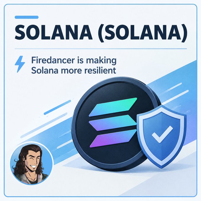 A Solana cryptocurrency promotional graphic stating 'Firedancer is making Solana more resilient' with the SOL token logo and a shield icon, featuring an avatar of a smiling man.