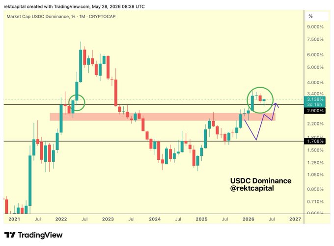 The image features a chart with two lines, one being the S&P 500 while the other depicts cryptocurrency prices against the U.S. dollar (USDC). The Bitcoin line appears to be a bit higher than expected, while the USDC line is slightly lower. Additionally, there's an upside-down triangle next to the Bitcoin line and below it, possibly indicating that USDC dominance is being tested or proven against Bitcoin dominance in this particular scenario.
